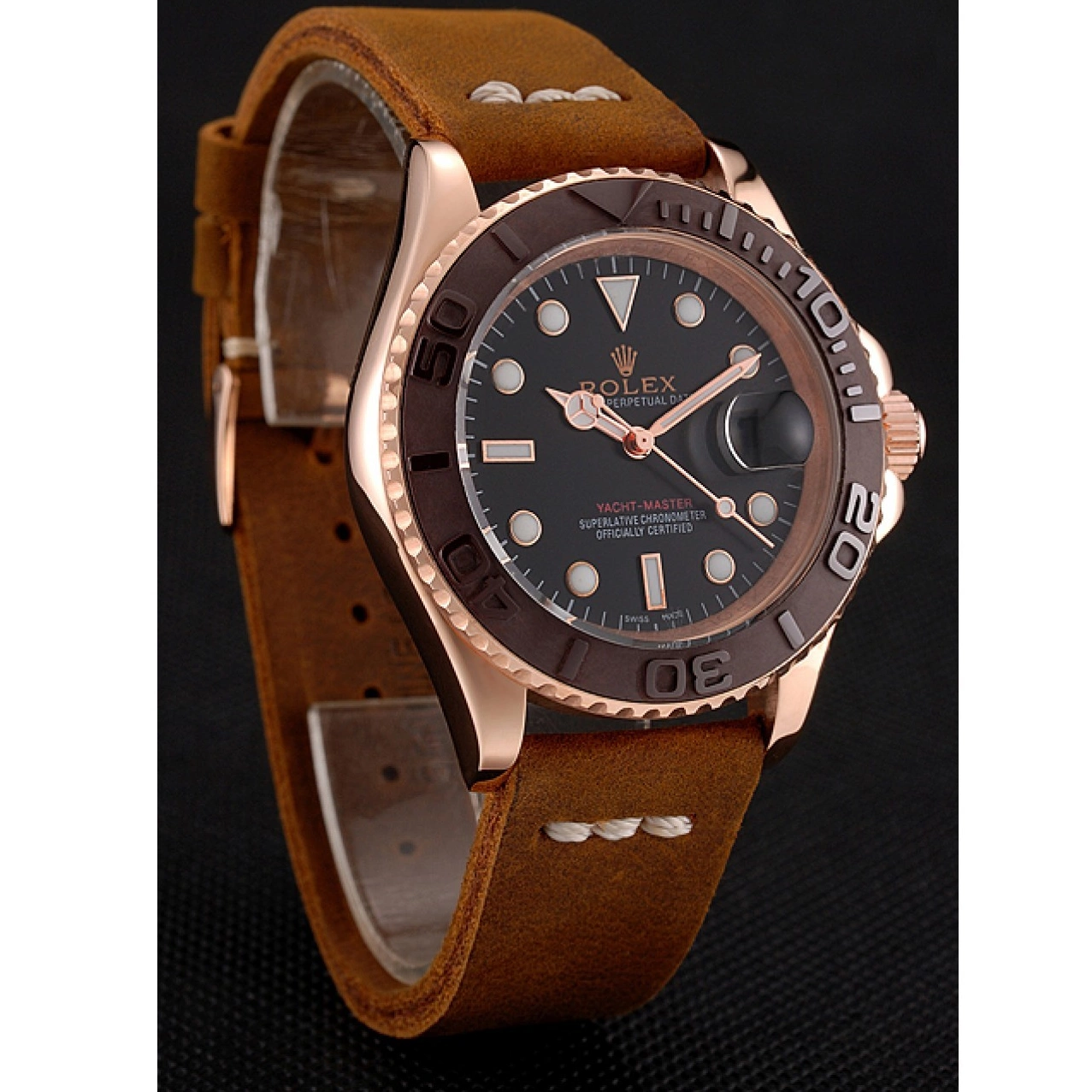 AAA Replica Watches Rose Brown Brown Case Yacht Dial Master Rolex Black Bracelet Bezel 1453860 Gold Leather 0521